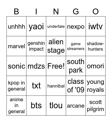 fandom bingo Card