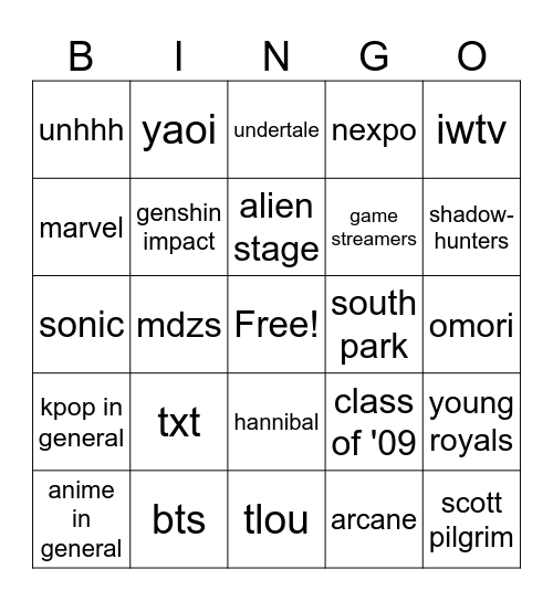 fandom bingo Card