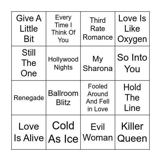 70's Hits Bingo Card