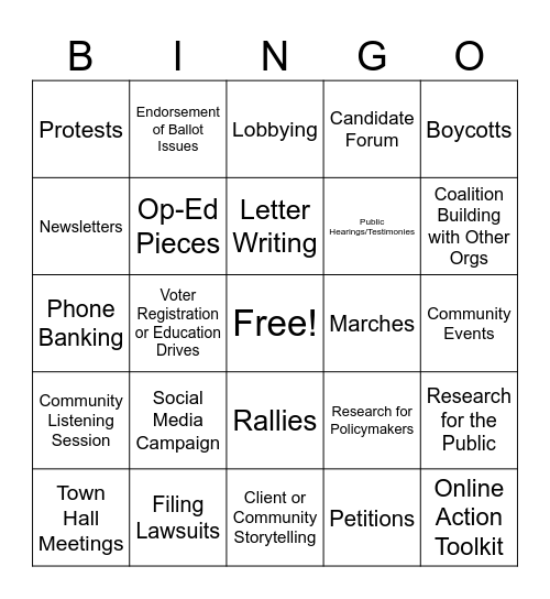 Nonprofit Advocacy Tactics Bingo Card