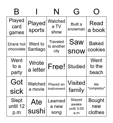 Winter Break Bingo Card