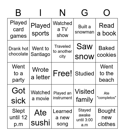 Winter Break Bingo Card