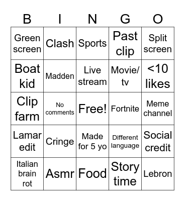 YT shorts Bingo Card