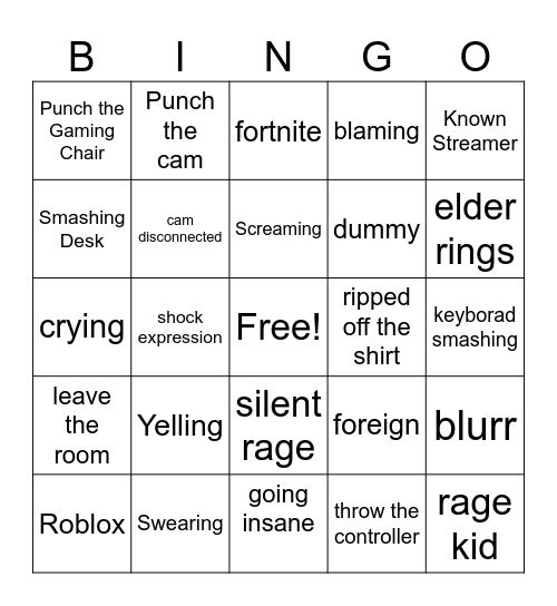 Gamer Rage Bingo Card