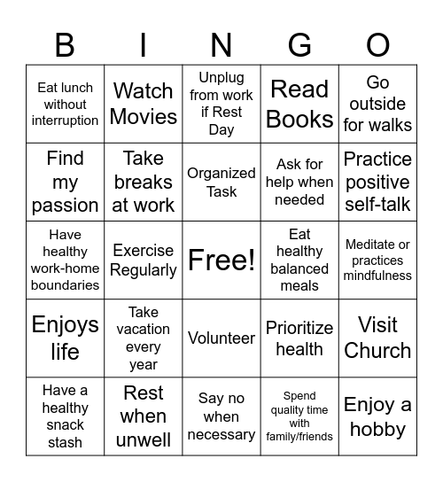 Work-Life Balance Bingo Card