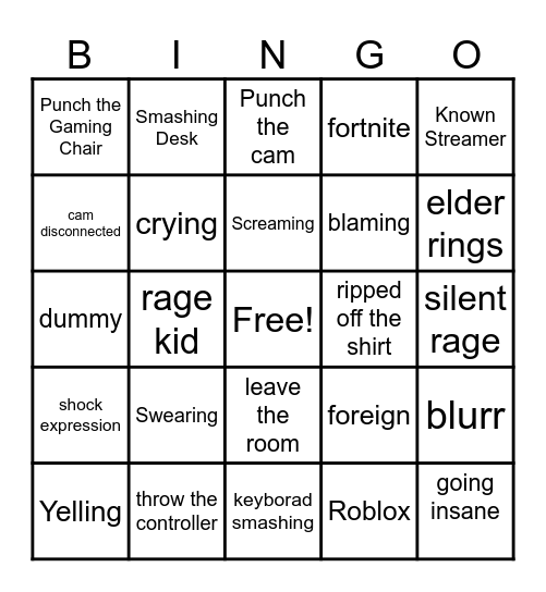 Gamer Rage Bingo Card