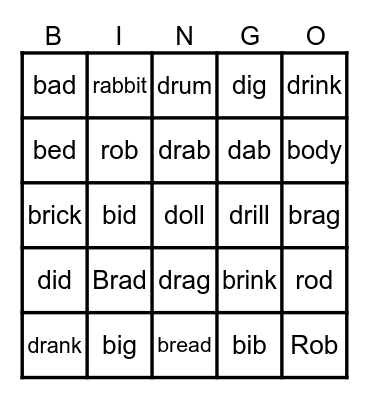 words with d, b and r Bingo Card