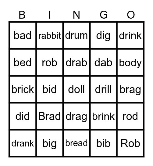words with d, b and r Bingo Card