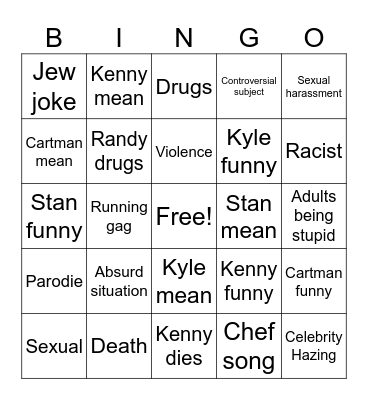 South Park Puff Bingo Card