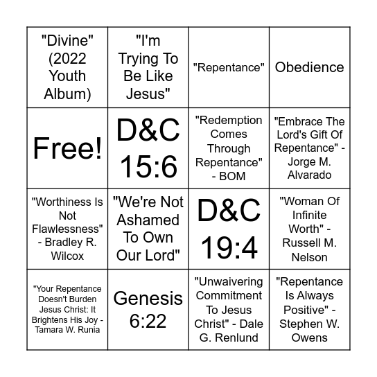 Repentance Bingo Card