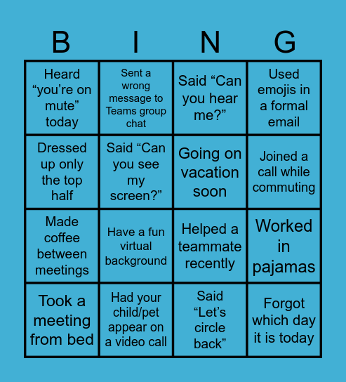 Virtual Team Bingo Card