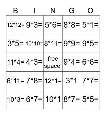 Multiplication Bingo Card