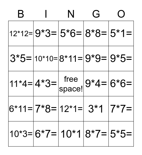 Multiplication Bingo Card