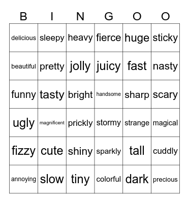 Adjectives Bingo Card