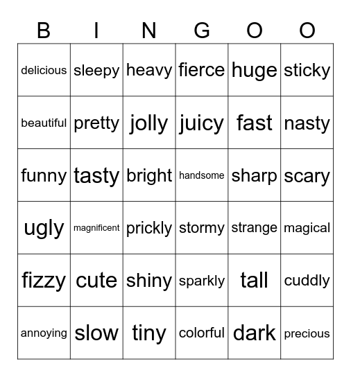 Adjectives Bingo Card