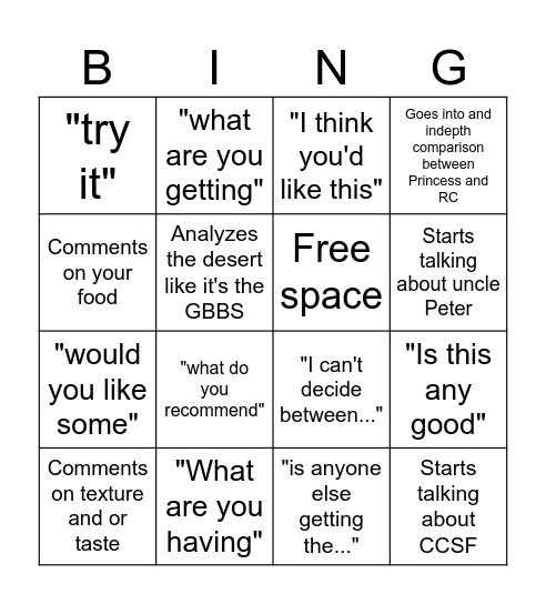 Dinner with Granny very specific Bingo Card