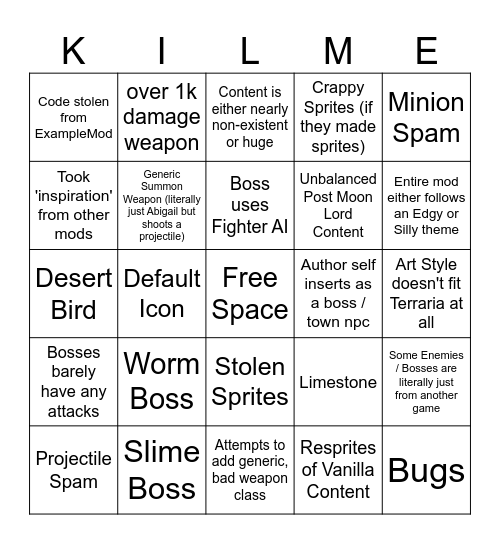 Generic Terraria Mod Bingo Card