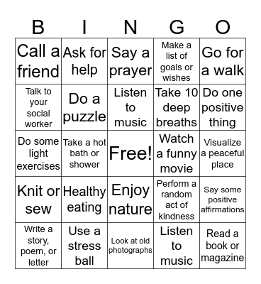 Coping Skills Bingo Card