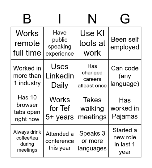 Professional Bingo Card