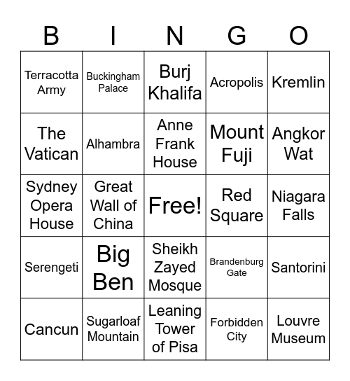 Popular places in the world Bingo Card