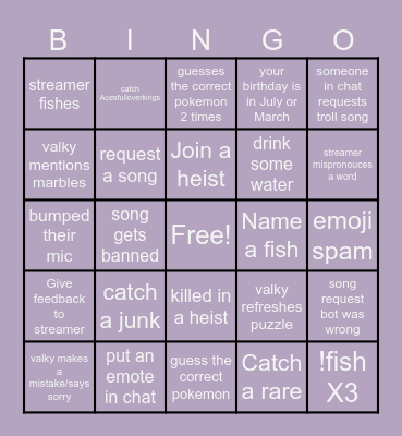 Valky's Twitch stream Bingo Cards Bingo Card