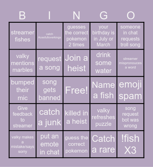 Valky's Twitch stream Bingo Cards Bingo Card