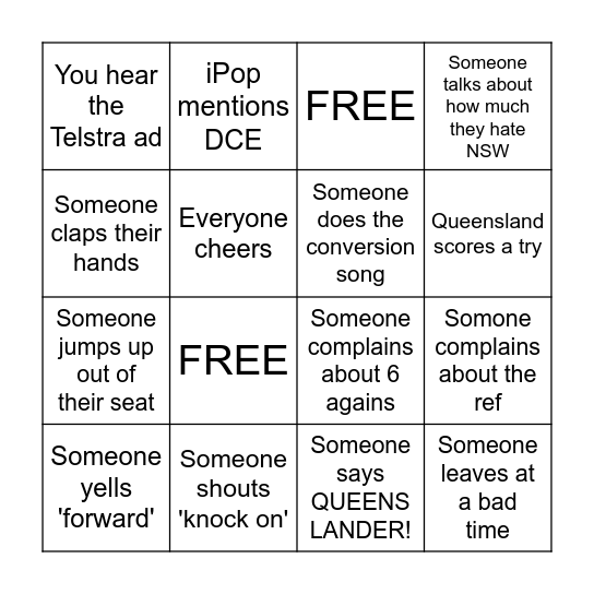 Kids State of Origin Bingo Card