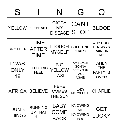 970 LIKE A VERSION #2 Bingo Card