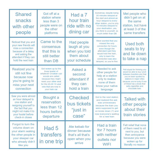 23 and a half hour train ride Bingo Card