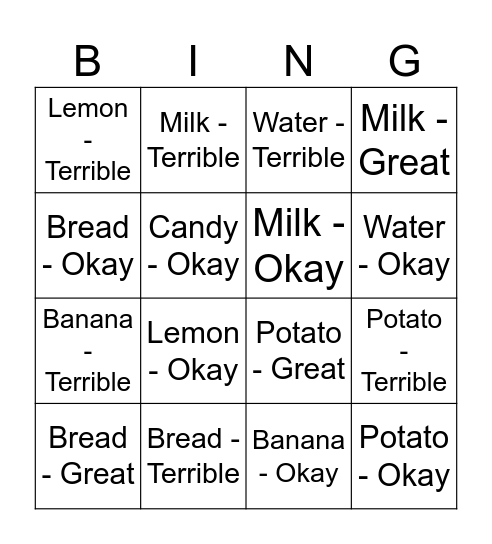 SKE5 Unit 10 Great/Okay/Terrible Bingo Card