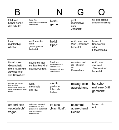 Gesundheit Bingo Card