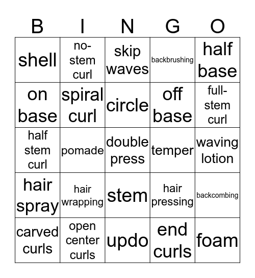 Hair styling Bingo Card