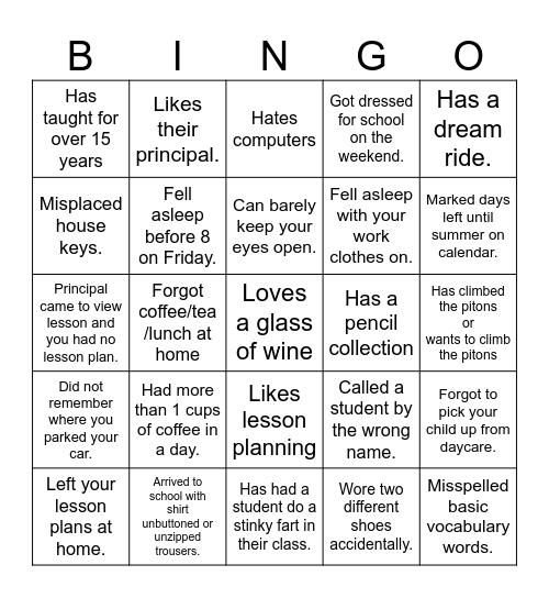 Teacher Bingo Card