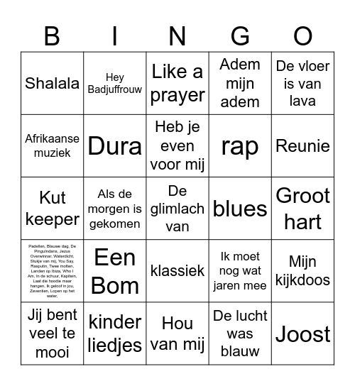 Muziek Bingo Card