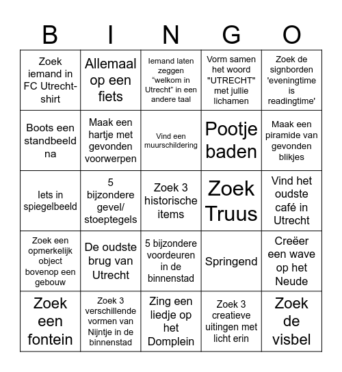 StadsBingo Utrecht Maak van alles een groepsfoto/filmpje Bingo Card