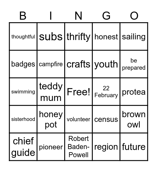 Girl Guides Bingo Card