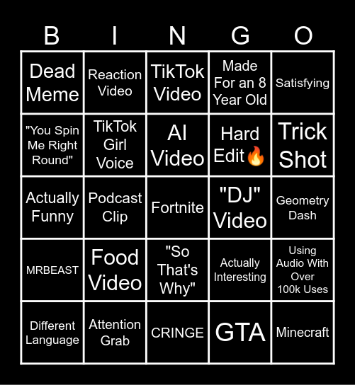 YouTube Shorts Bingo Card