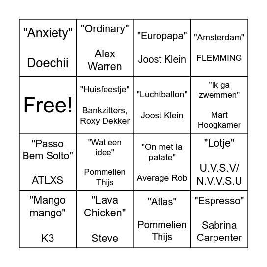 MUZIEKBINGO Card