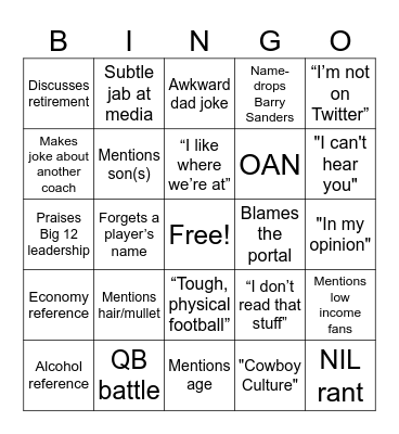 Mike Gundy Big 12 Media Days Bingo Card
