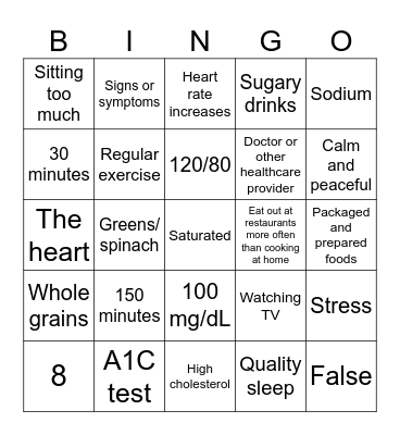Heart Health BINGO Card