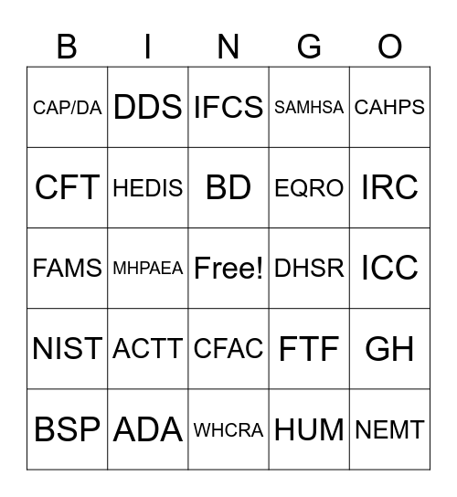 Acronym Bingo Card