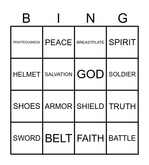 Armor of God Bingo Card