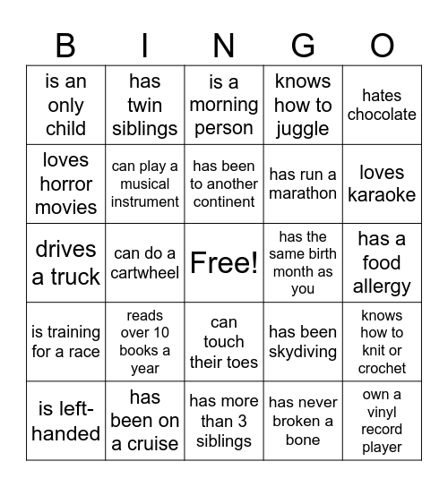 Human Bingo 1st Variation Bingo Card