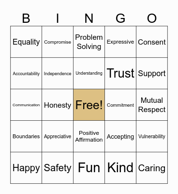 Relationship Bingo Card