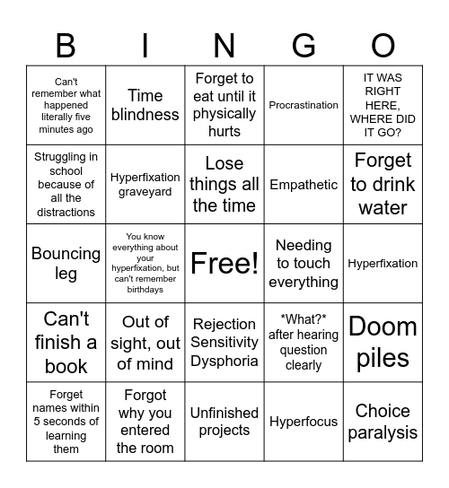 ADHD Bingo Card