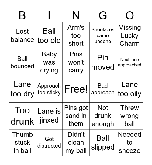 Bowling Excuses Bingo Card