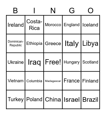 Countries Bingo Card