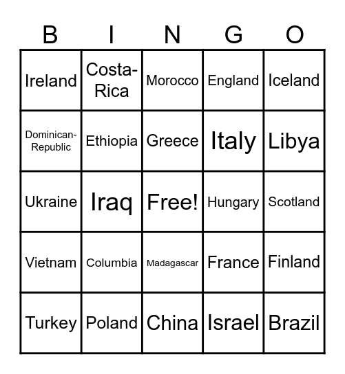 Countries Bingo Card