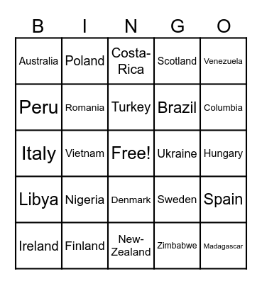 Countries Bingo Card