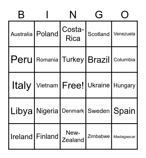 Countries Bingo Card